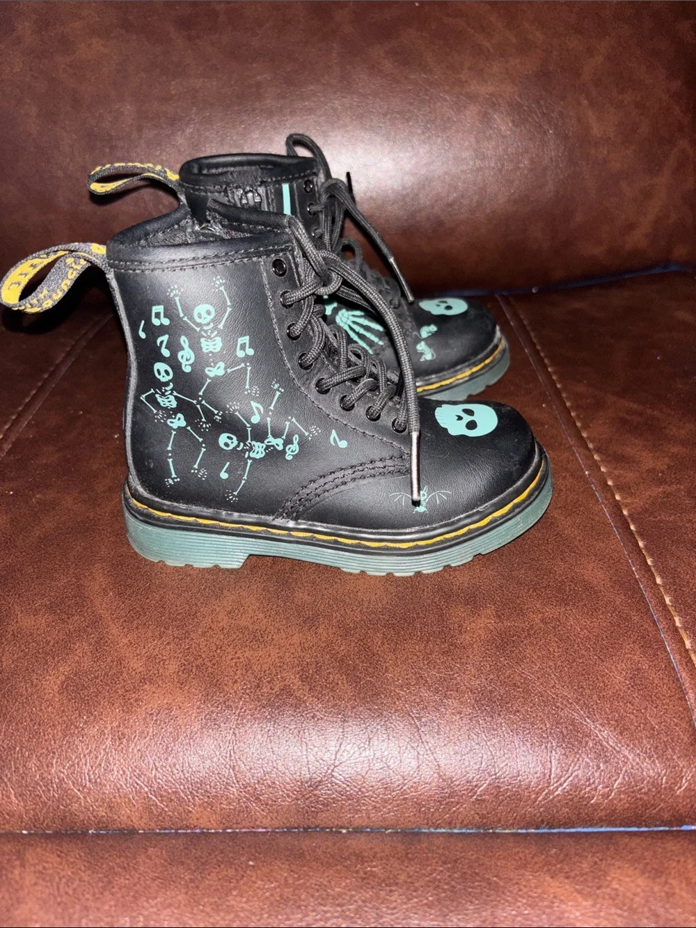 Dr. Martens Kids Black Boots with Teal Skull Accents